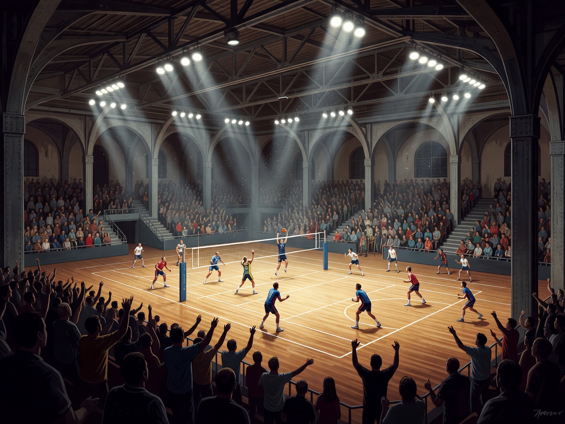 Illustrated overview of a European indoor volleyball arena with court lighting and crowd silhouettes