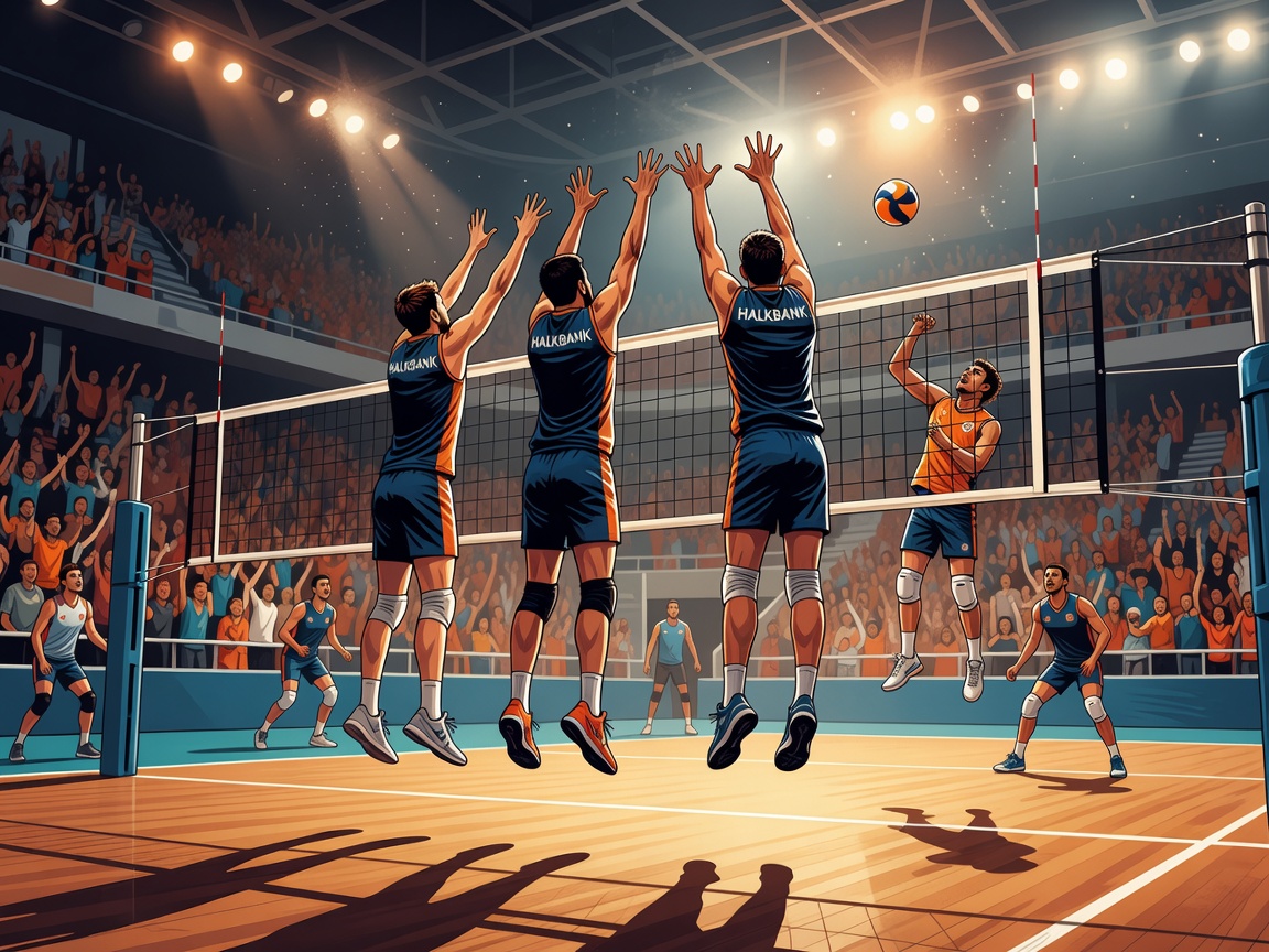 Illustrated volleyball match scene representing Halkbank Ankara with strong blocking and arena glow