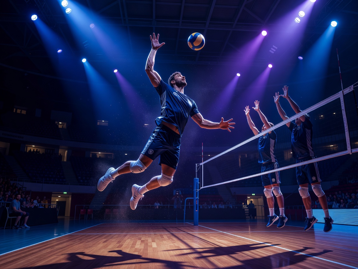 Stylised volleyball scene representing Sir Susa Vim Perugia with powerful attack and deep arena lighting