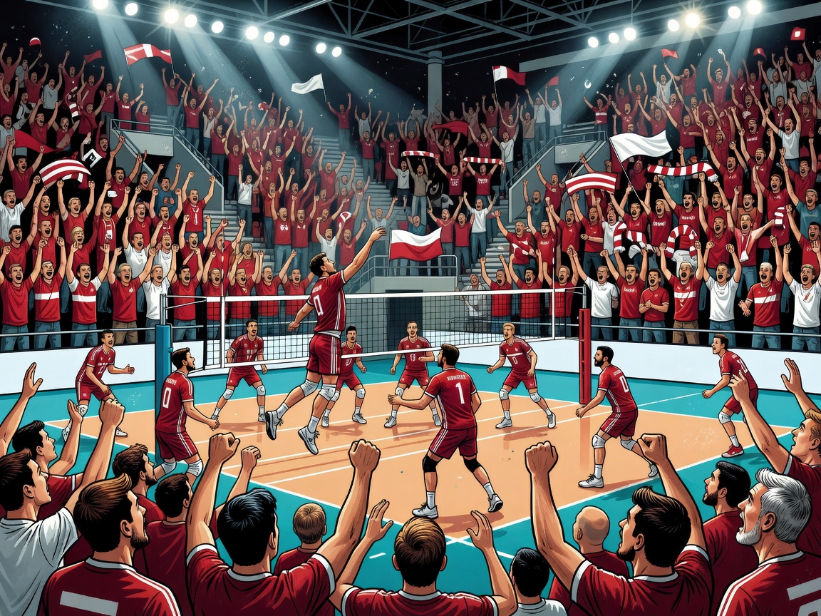 Illustrated volleyball crowd scene representing Asseco Resovia Rzeszów and a packed indoor hall