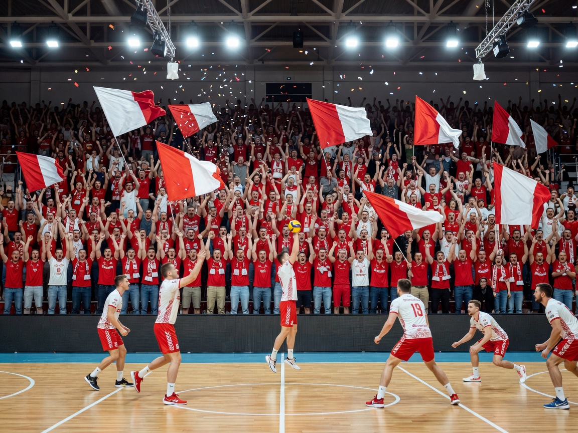Packed indoor volleyball setting representing Asseco Resovia Rzeszów and strong supporter culture