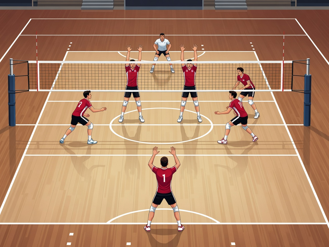 Illustrated volleyball tactics scene representing Trentino Volley with balanced formation and clean court lines