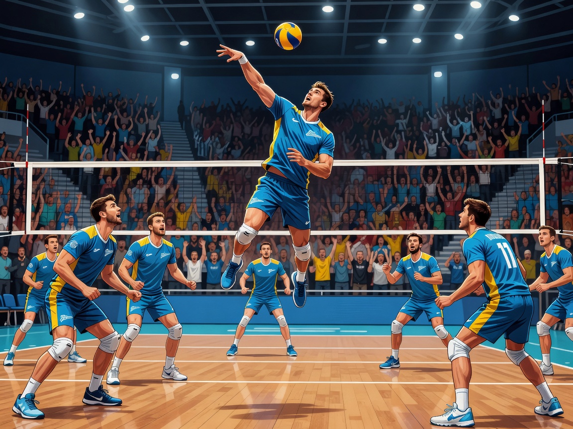 Illustrated indoor volleyball championship scene representing Zenit Kazan
