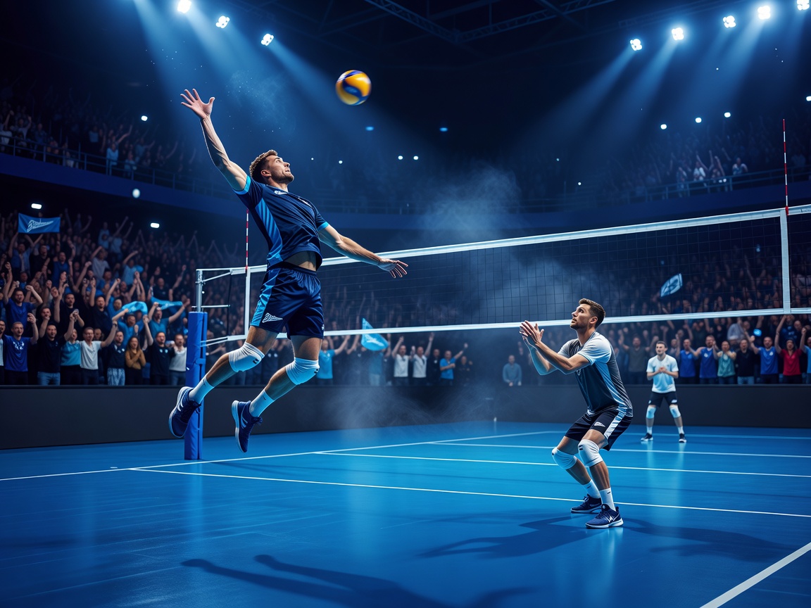 Stylised volleyball scene representing Zenit Kazan with blue court tones and championship atmosphere